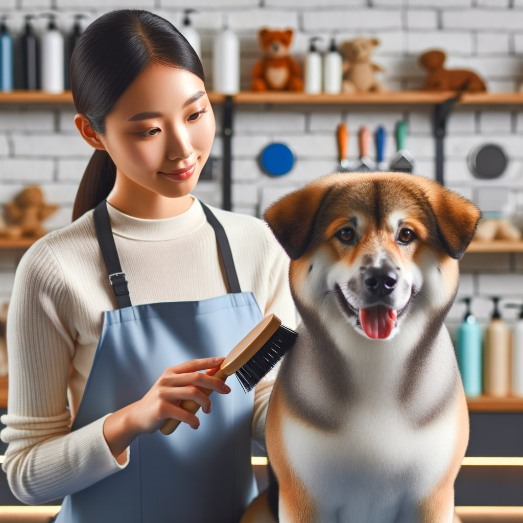 Professional dog groomer brushing a light shedding dog with high-quality tools in a well-lit salon, showcasing effective grooming techniques and products for maintaining a healthy, low-shedding coat.